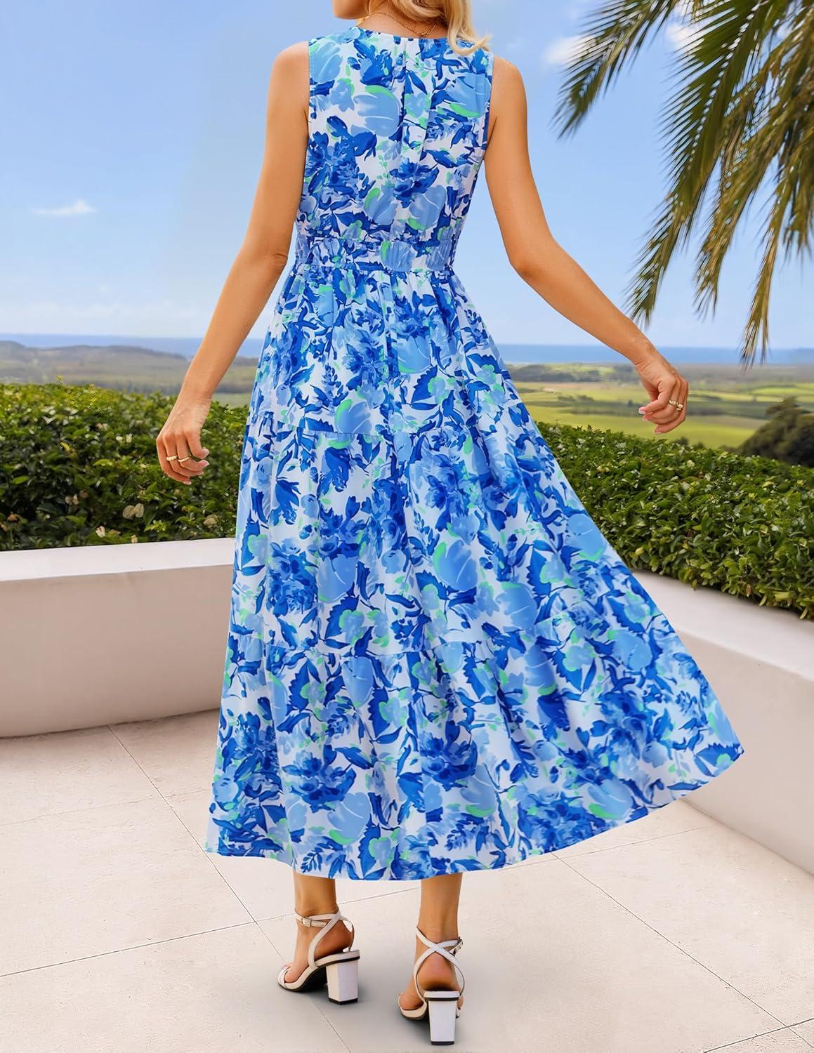 imageZESICA Womens Summer Boho Floral Sleeveless Midi Dress 2026 V Neck Elastic High Waist Flowy Casual Beach Long DressesBlue