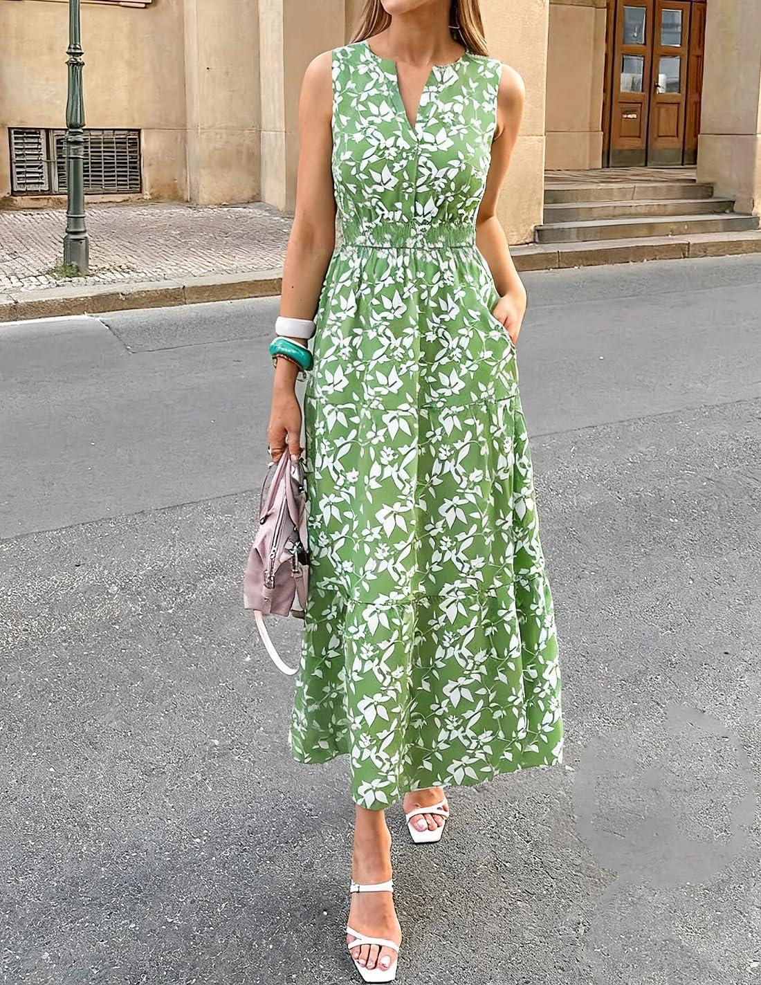 imageZESICA Womens Summer Boho Floral Sleeveless Midi Dress 2026 V Neck Elastic High Waist Flowy Casual Beach Long DressesGreen