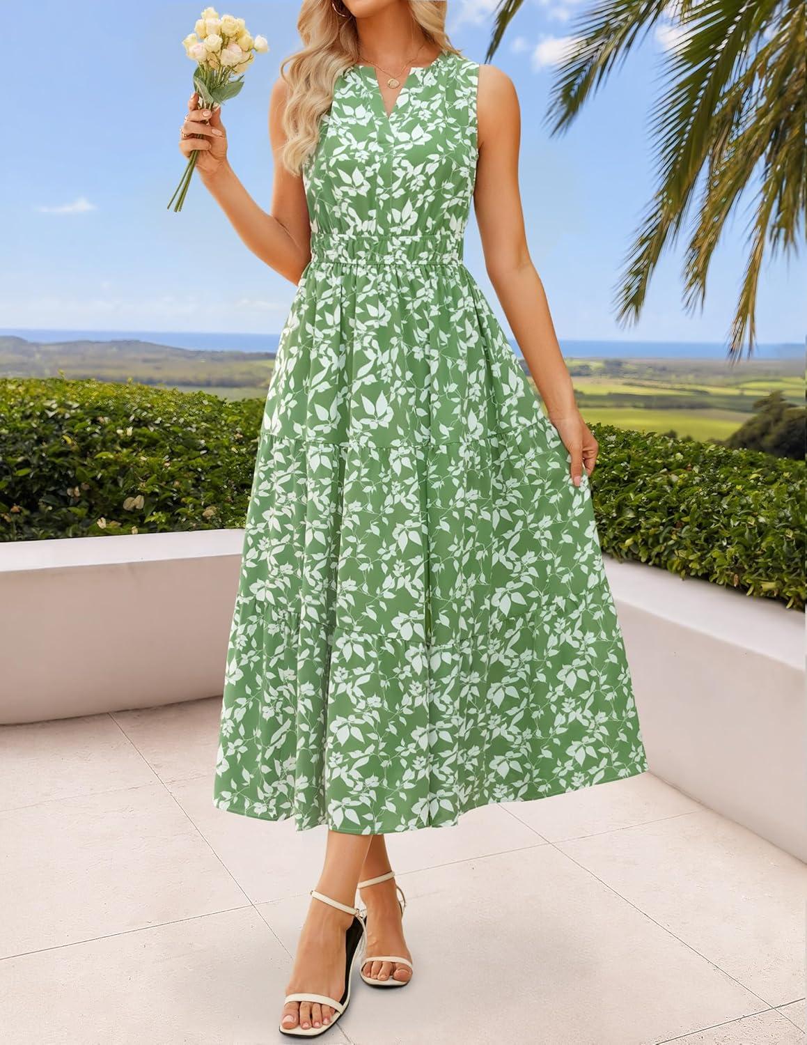 imageZESICA Womens Summer Boho Floral Sleeveless Midi Dress 2026 V Neck Elastic High Waist Flowy Casual Beach Long DressesGreen