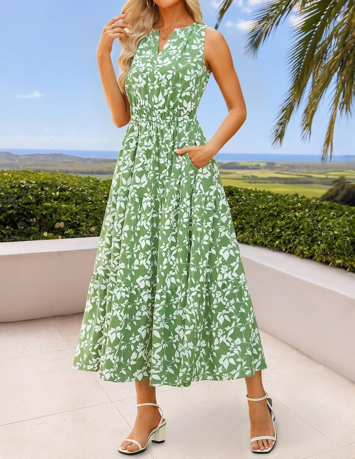 imageZESICA Womens Summer Boho Floral Sleeveless Midi Dress 2026 V Neck Elastic High Waist Flowy Casual Beach Long DressesGreen