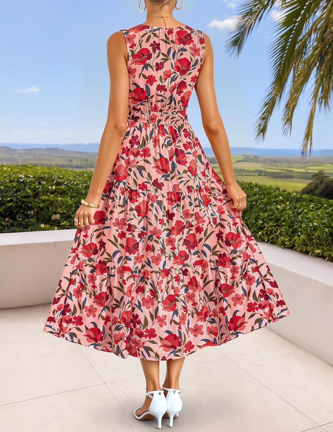 imageZESICA Womens Summer Boho Floral Sleeveless Midi Dress 2026 V Neck Elastic High Waist Flowy Casual Beach Long DressesPink
