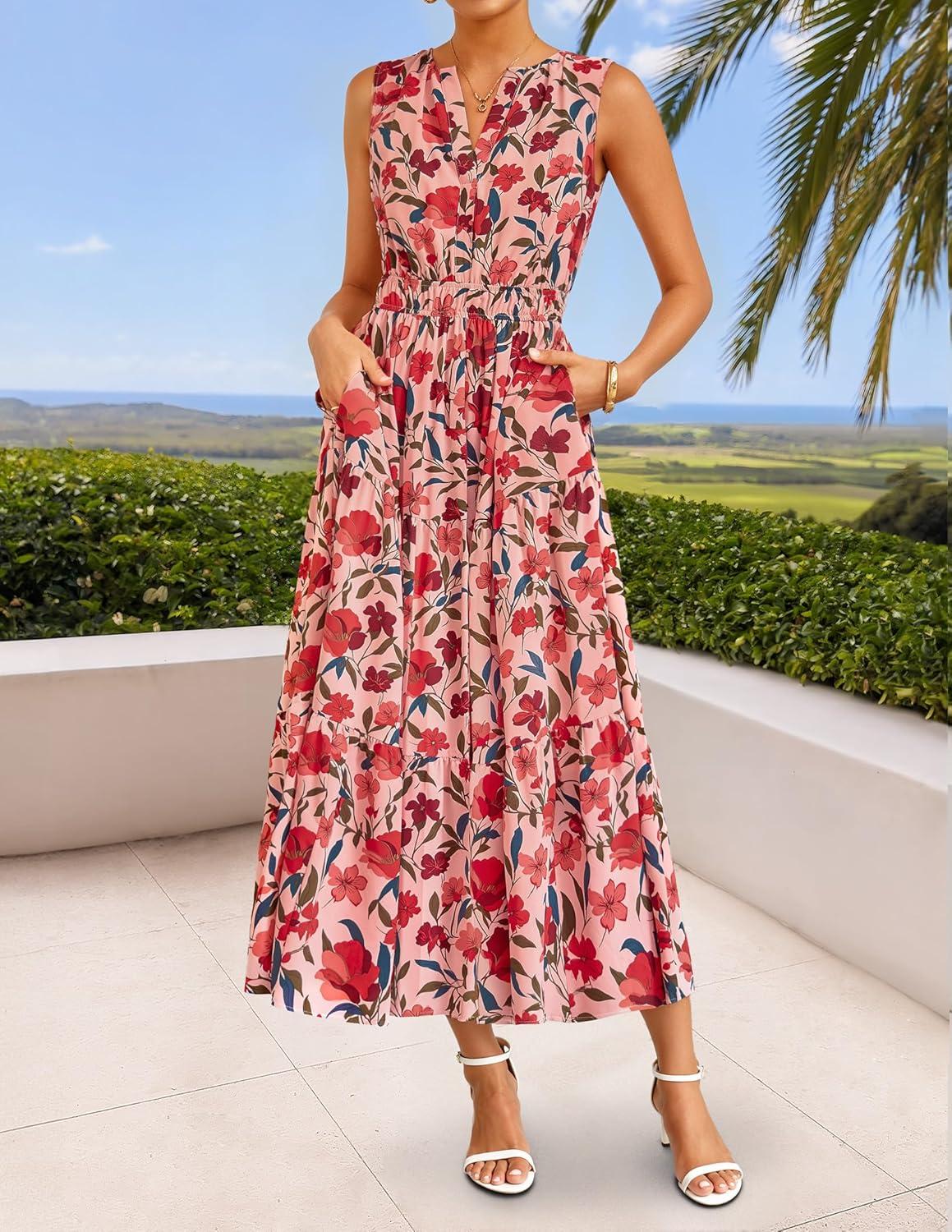 imageZESICA Womens Summer Boho Floral Sleeveless Midi Dress 2026 V Neck Elastic High Waist Flowy Casual Beach Long DressesPink