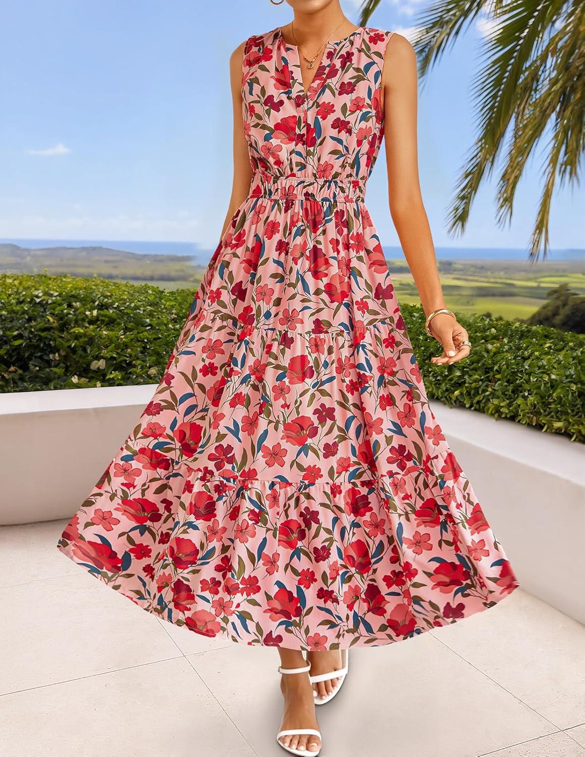 imageZESICA Womens Summer Boho Floral Sleeveless Midi Dress 2026 V Neck Elastic High Waist Flowy Casual Beach Long DressesPink