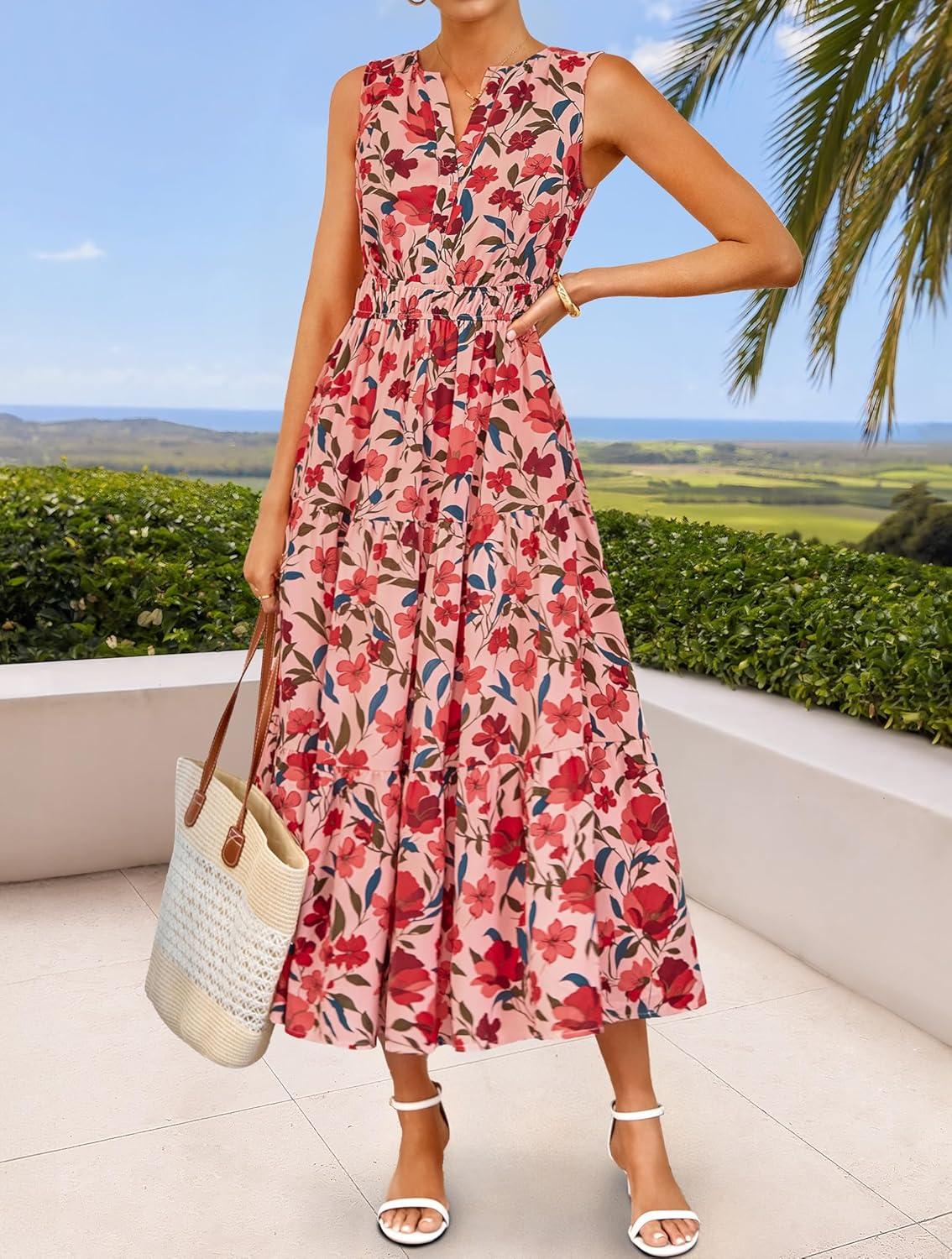 imageZESICA Womens Summer Boho Floral Sleeveless Midi Dress 2026 V Neck Elastic High Waist Flowy Casual Beach Long DressesPink