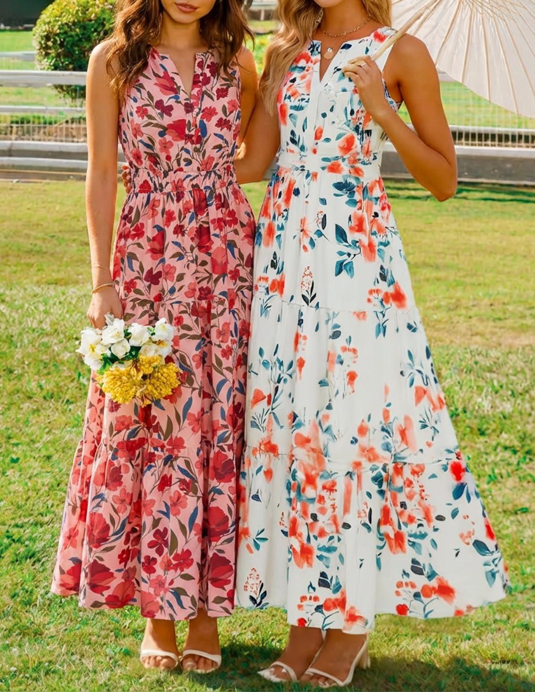imageZESICA Womens Summer Boho Floral Sleeveless Midi Dress 2026 V Neck Elastic High Waist Flowy Casual Beach Long DressesPink