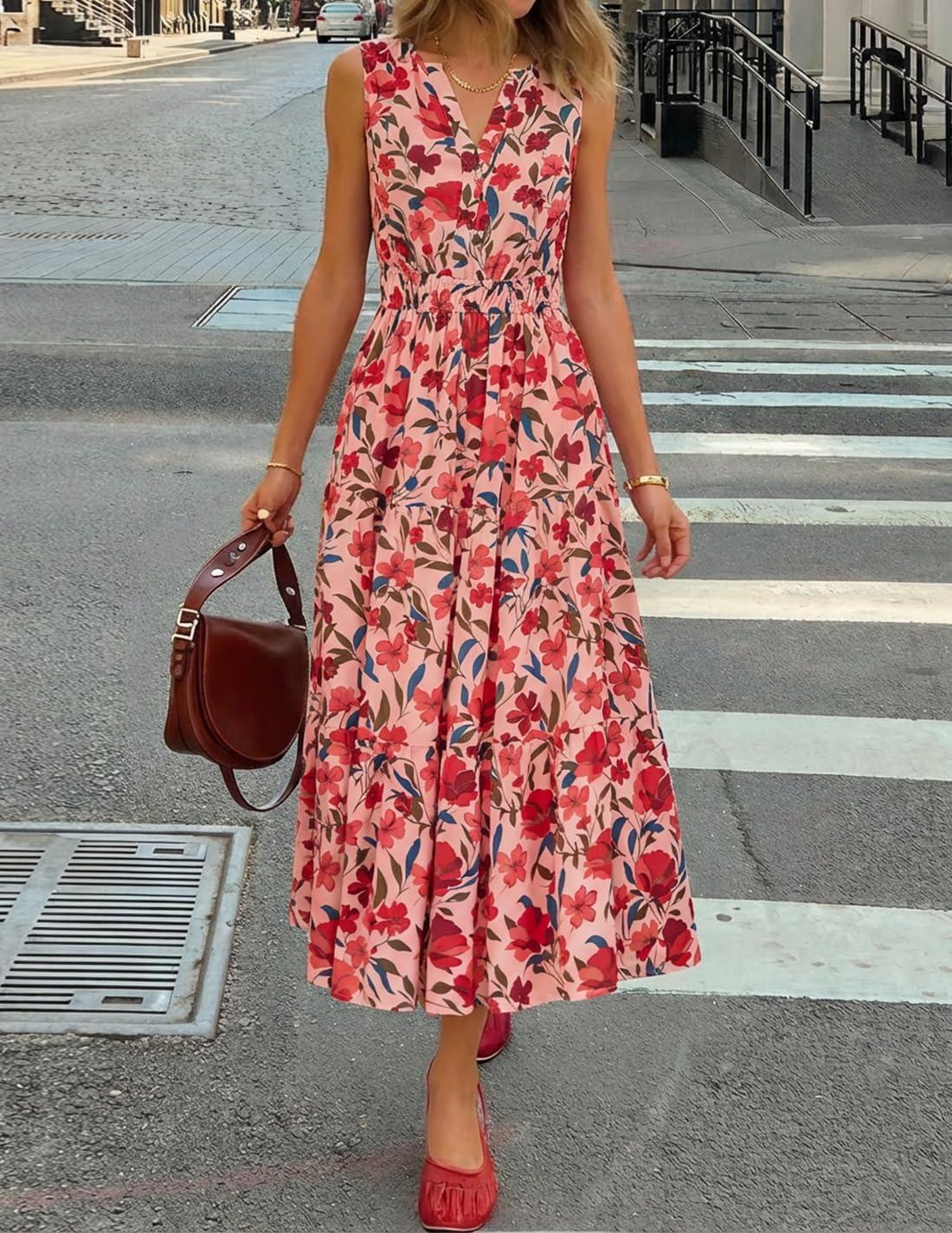 imageZESICA Womens Summer Boho Floral Sleeveless Midi Dress 2026 V Neck Elastic High Waist Flowy Casual Beach Long DressesPink
