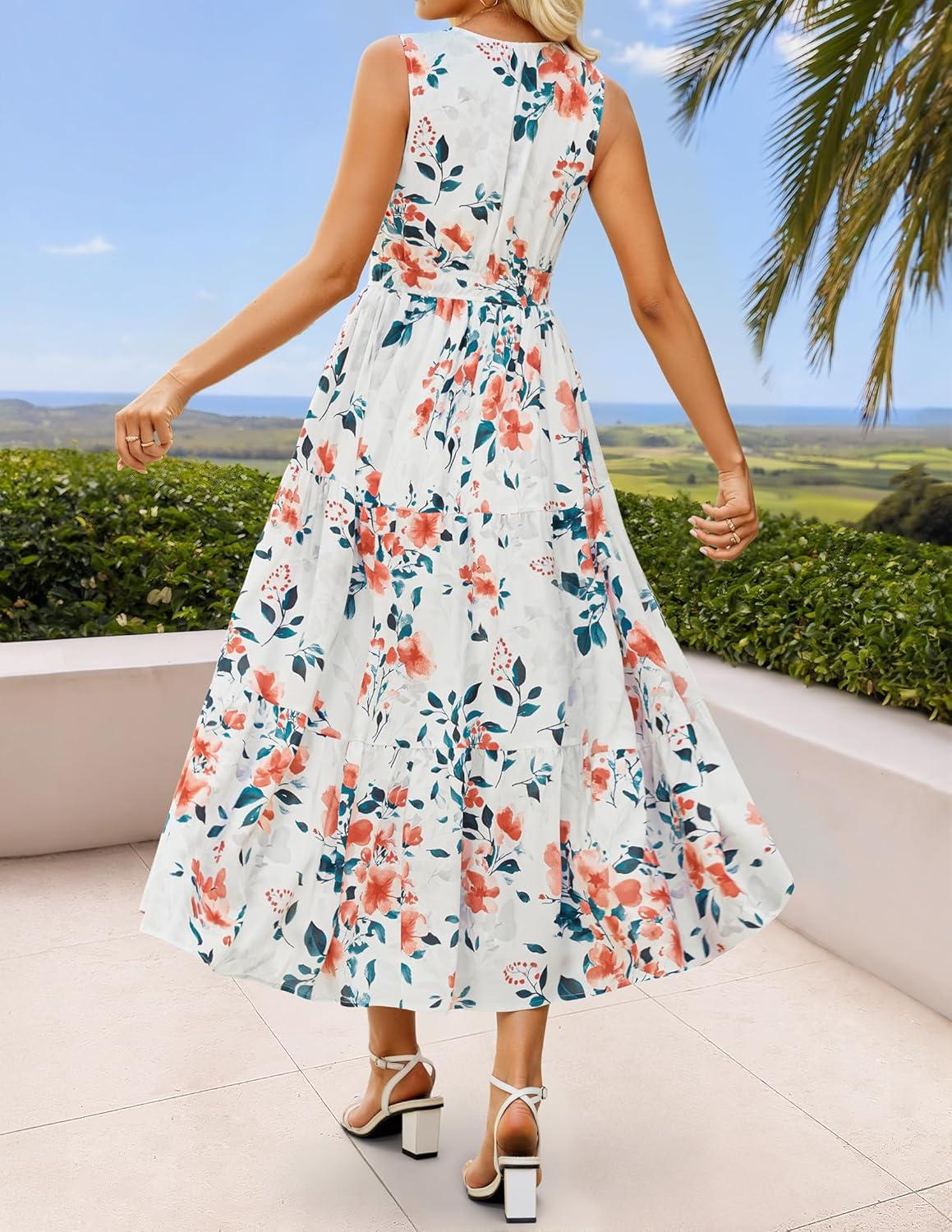 imageZESICA Womens Summer Boho Floral Sleeveless Midi Dress 2026 V Neck Elastic High Waist Flowy Casual Beach Long DressesWhite