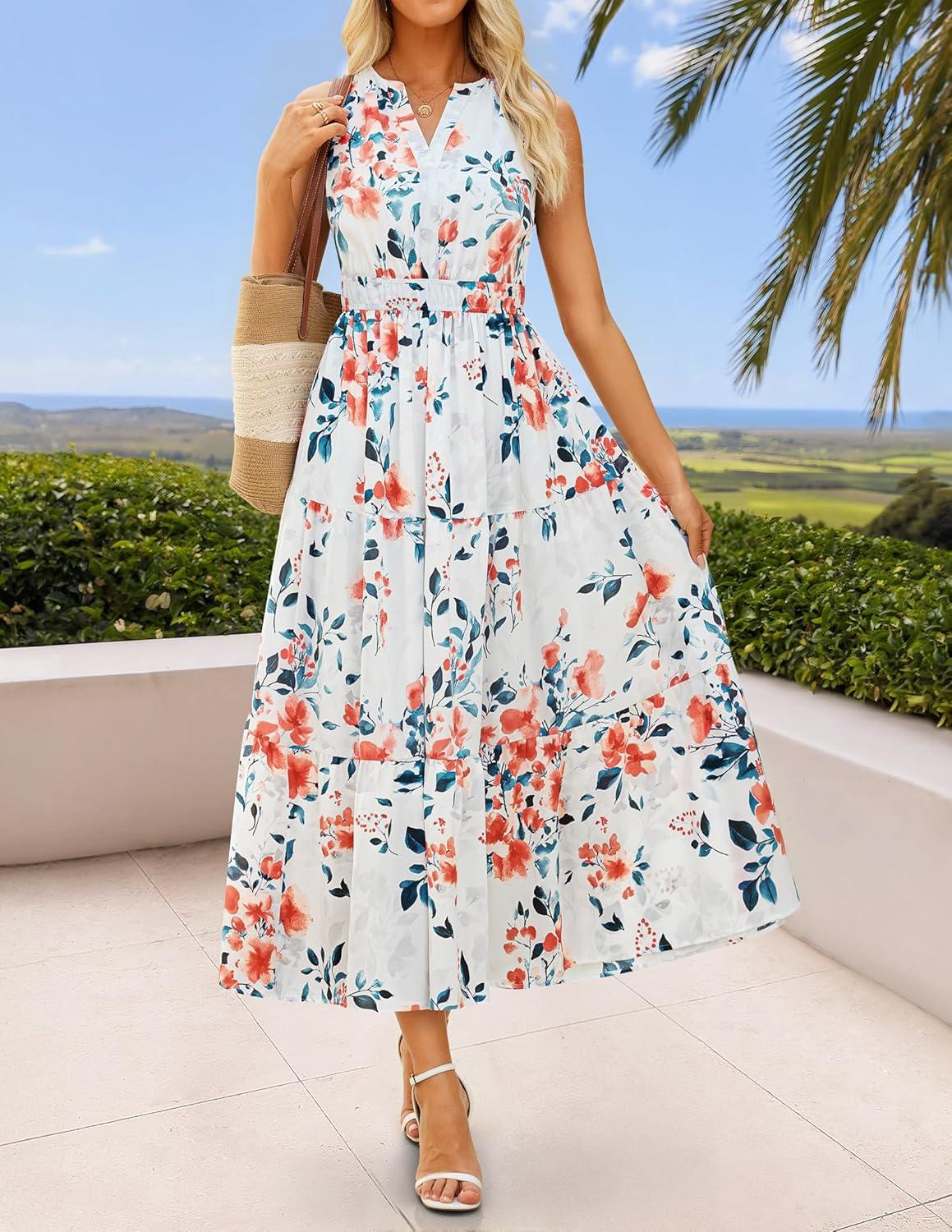 imageZESICA Womens Summer Boho Floral Sleeveless Midi Dress 2026 V Neck Elastic High Waist Flowy Casual Beach Long DressesWhite