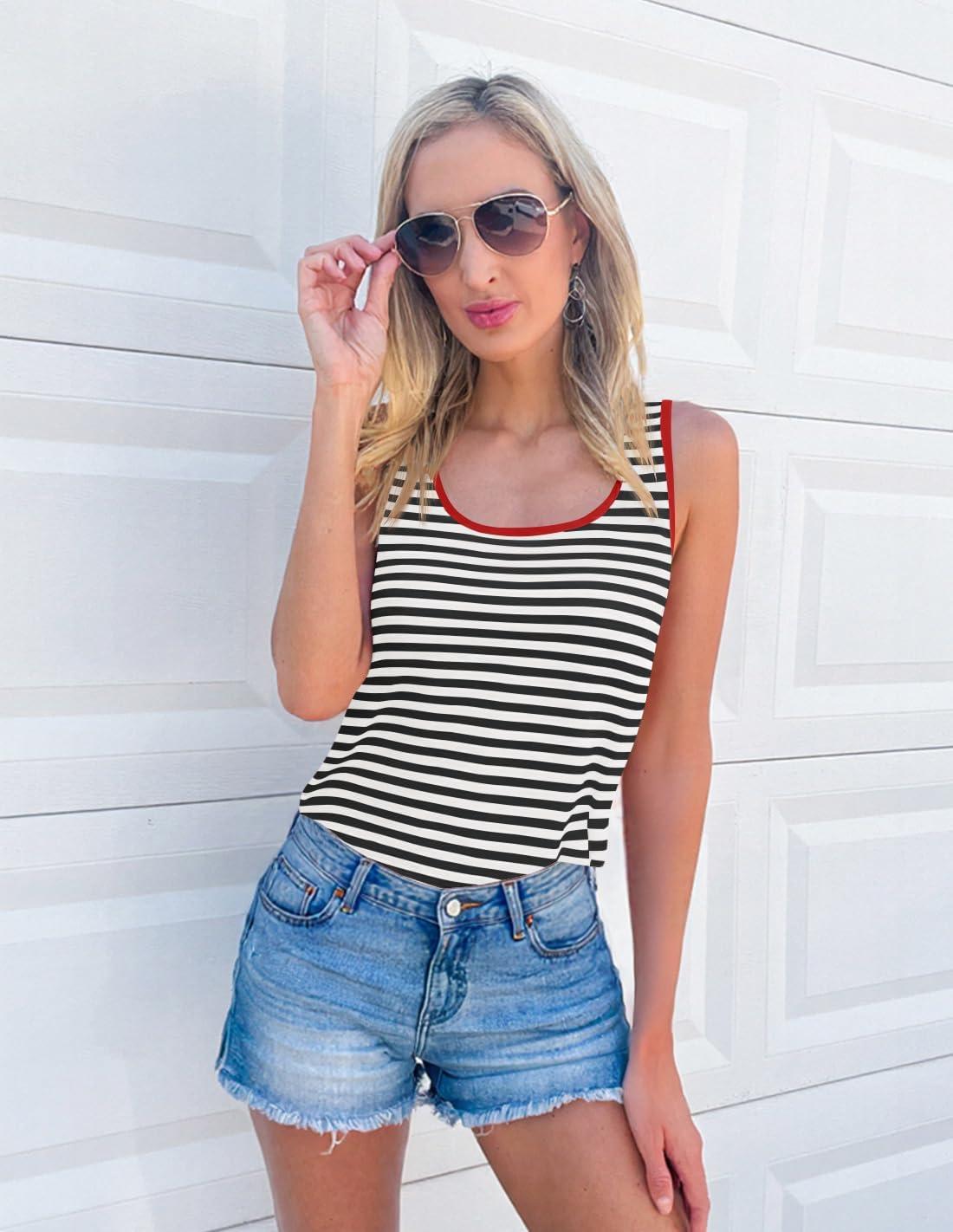 imageZESICA Womens Summer Casual Striped Tank Top Sleeveless Scoop Neck Loose Fit Color Block Tops 2026 Fashion ClothesBlack