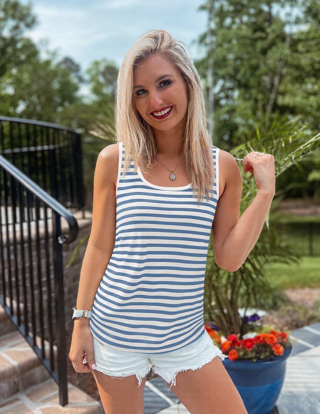 imageZESICA Womens Summer Casual Striped Tank Top Sleeveless Scoop Neck Loose Fit Color Block Tops 2026 Fashion ClothesBlue