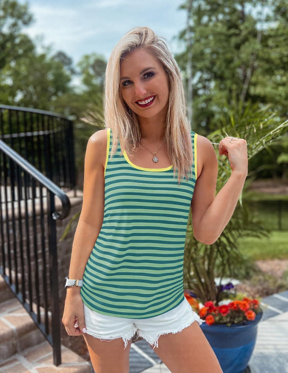 imageZESICA Womens Summer Casual Striped Tank Top Sleeveless Scoop Neck Loose Fit Color Block Tops 2026 Fashion ClothesGreen