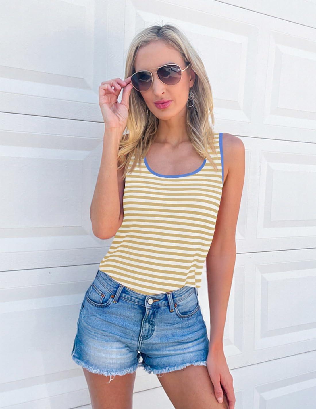 imageZESICA Womens Summer Casual Striped Tank Top Sleeveless Scoop Neck Loose Fit Color Block Tops 2026 Fashion ClothesKhaki