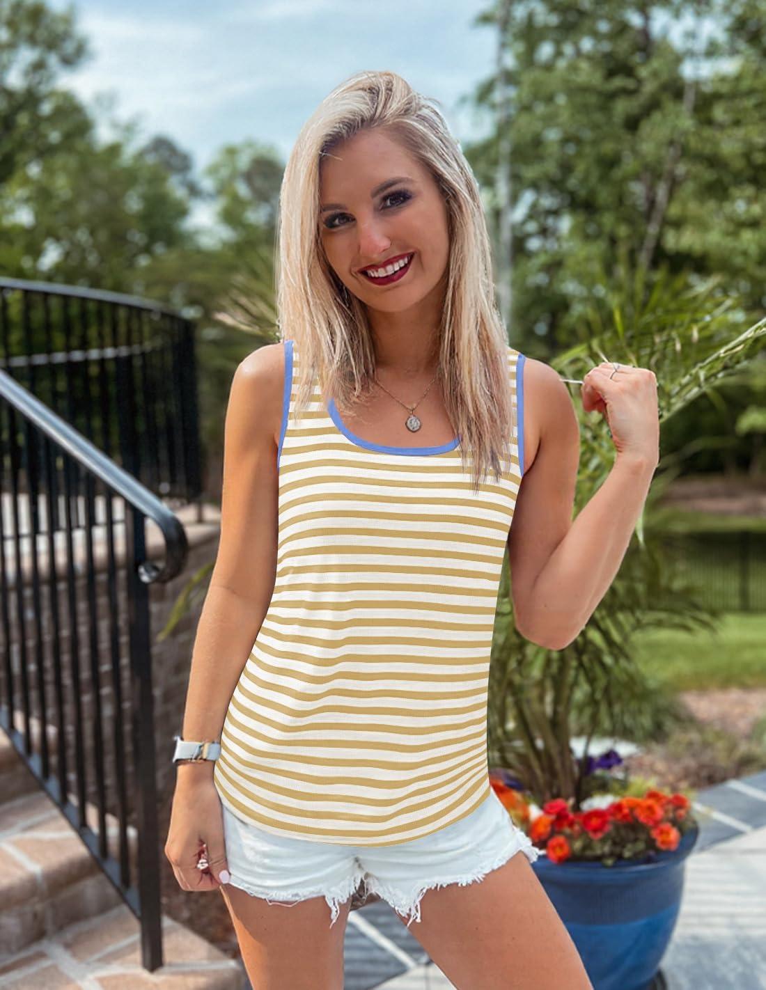 imageZESICA Womens Summer Casual Striped Tank Top Sleeveless Scoop Neck Loose Fit Color Block Tops 2026 Fashion ClothesKhaki