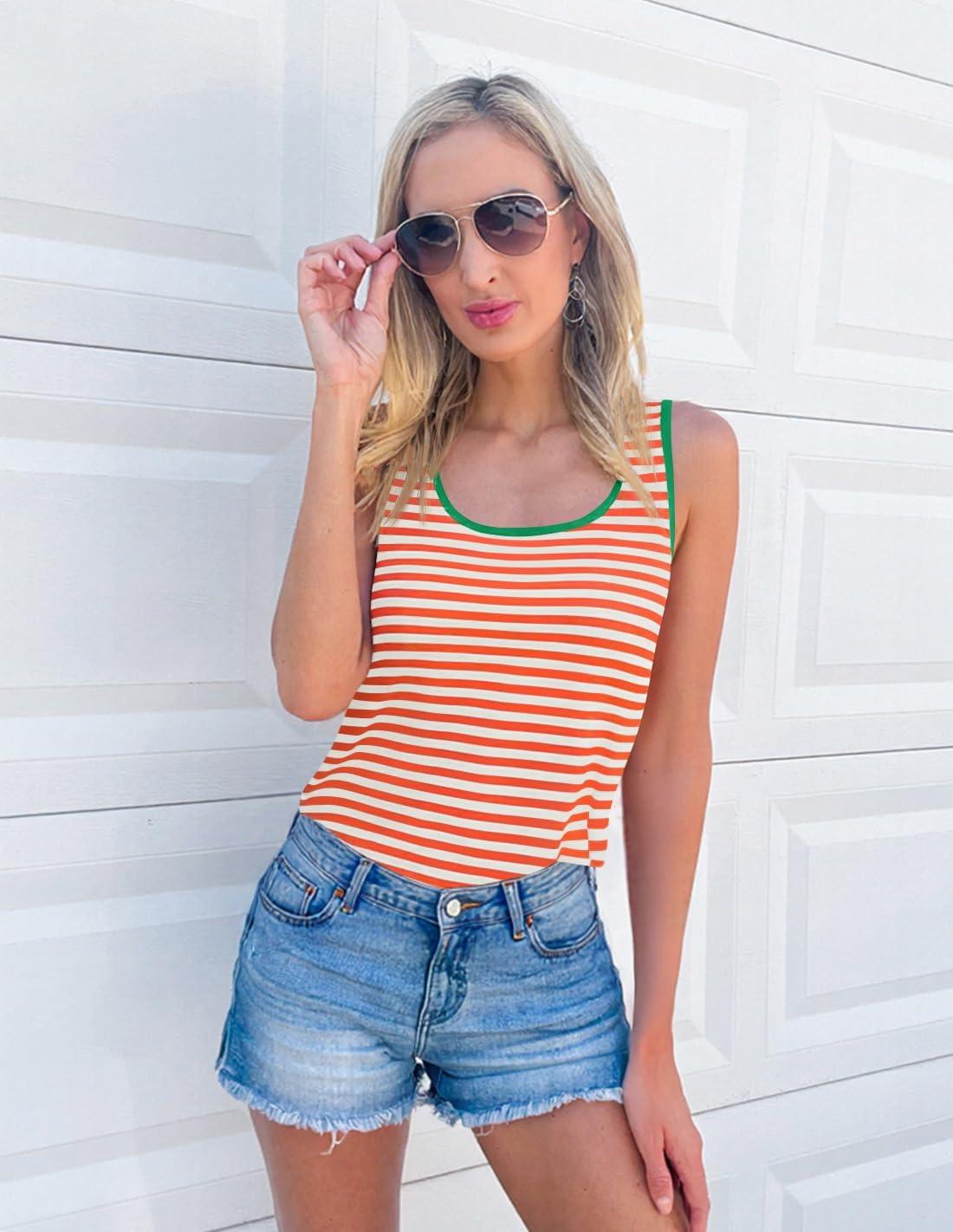 imageZESICA Womens Summer Casual Striped Tank Top Sleeveless Scoop Neck Loose Fit Color Block Tops 2026 Fashion ClothesOrange