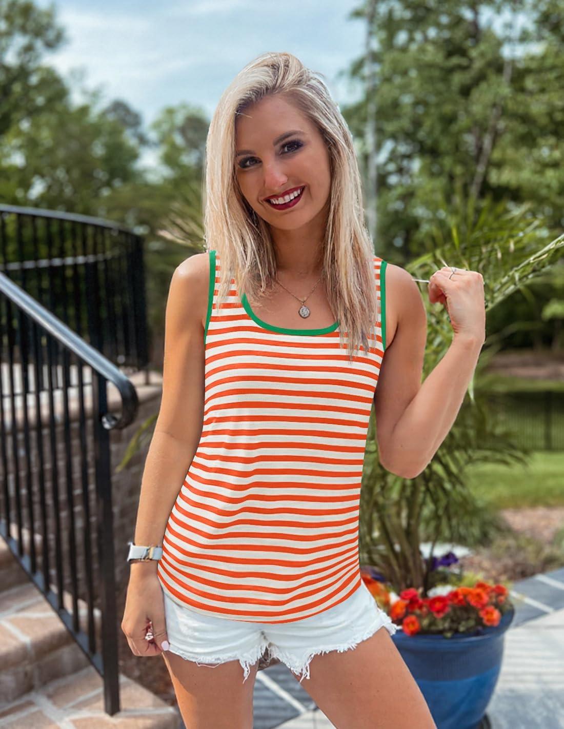 imageZESICA Womens Summer Casual Striped Tank Top Sleeveless Scoop Neck Loose Fit Color Block Tops 2026 Fashion ClothesOrange