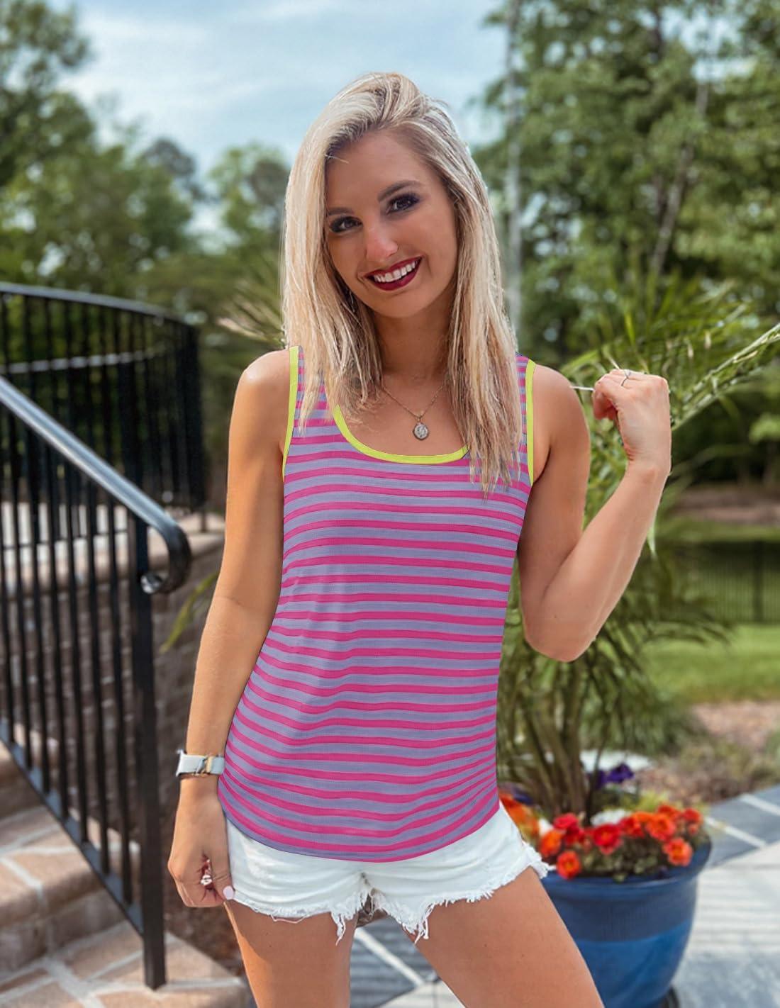 imageZESICA Womens Summer Casual Striped Tank Top Sleeveless Scoop Neck Loose Fit Color Block Tops 2026 Fashion ClothesPink