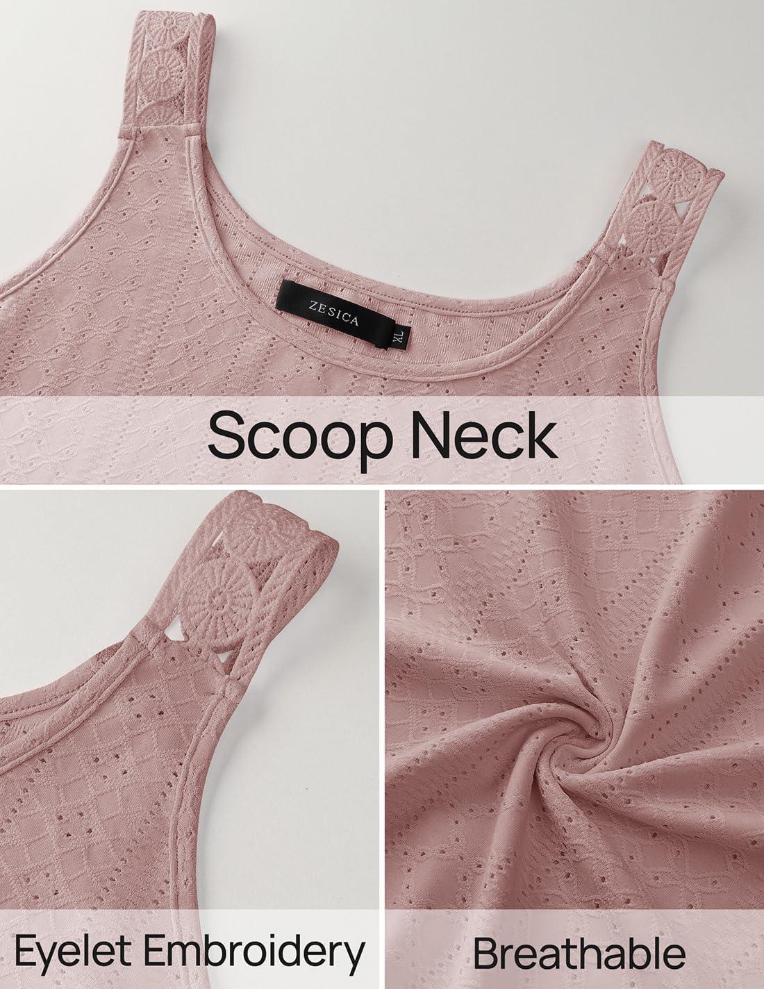 imageZESICA Womens Summer Eyelet Tank Tops Loose Trendy Scoop Neck Sleeveless Flowy Beach Vacation ShirtsDarkpink