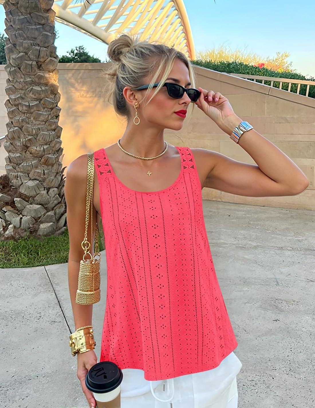 imageZESICA Womens Summer Eyelet Tank Tops Loose Trendy Scoop Neck Sleeveless Flowy Beach Vacation ShirtsPeach