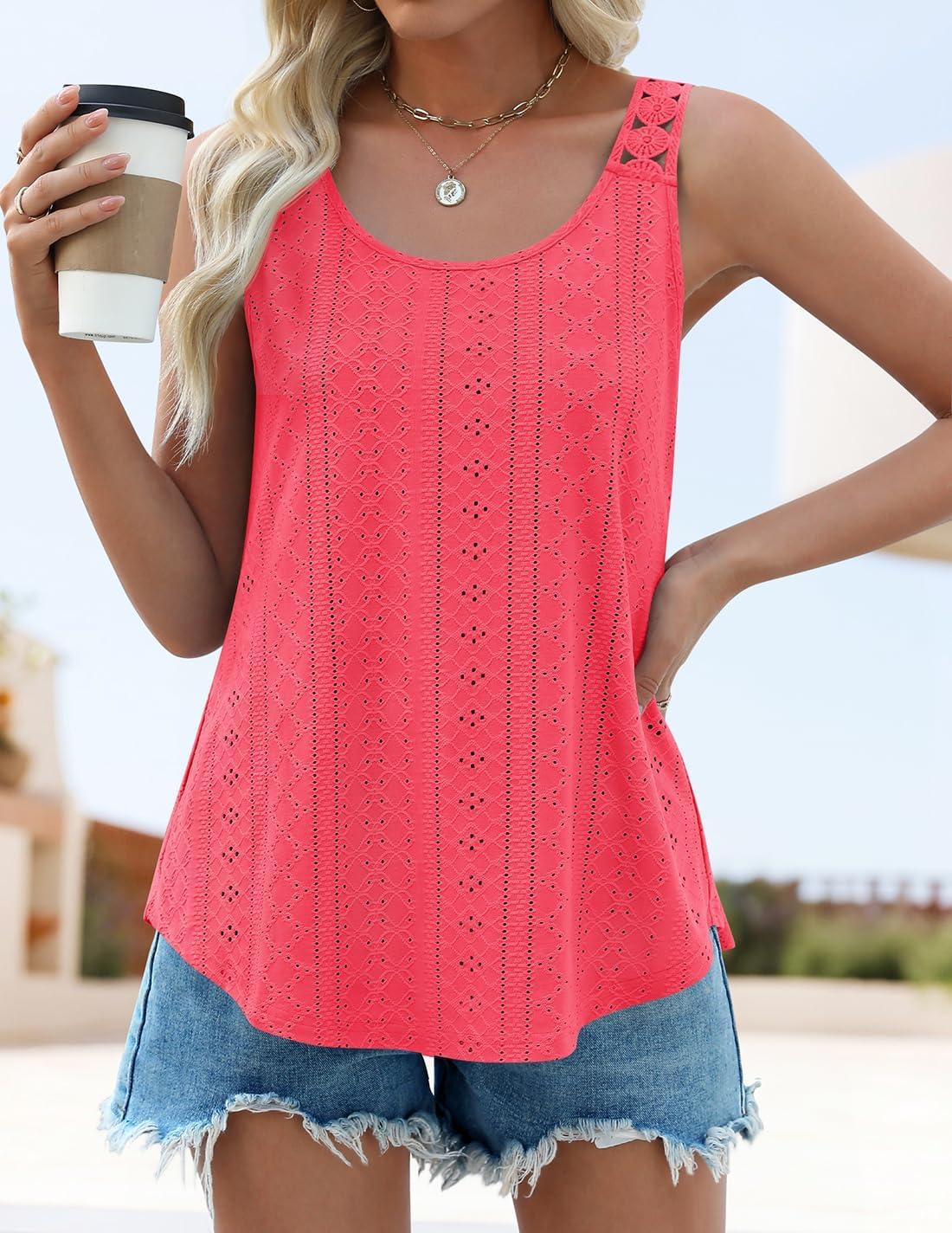 imageZESICA Womens Summer Eyelet Tank Tops Loose Trendy Scoop Neck Sleeveless Flowy Beach Vacation ShirtsPeach