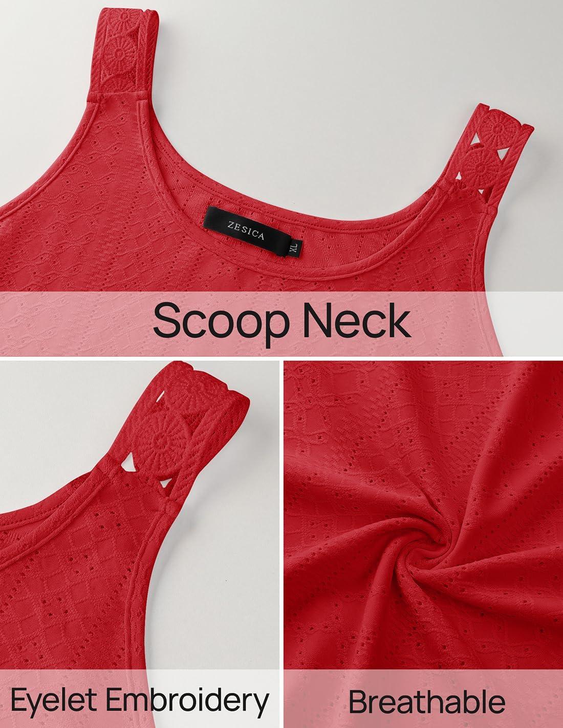 imageZESICA Womens Summer Eyelet Tank Tops Loose Trendy Scoop Neck Sleeveless Flowy Beach Vacation ShirtsRed