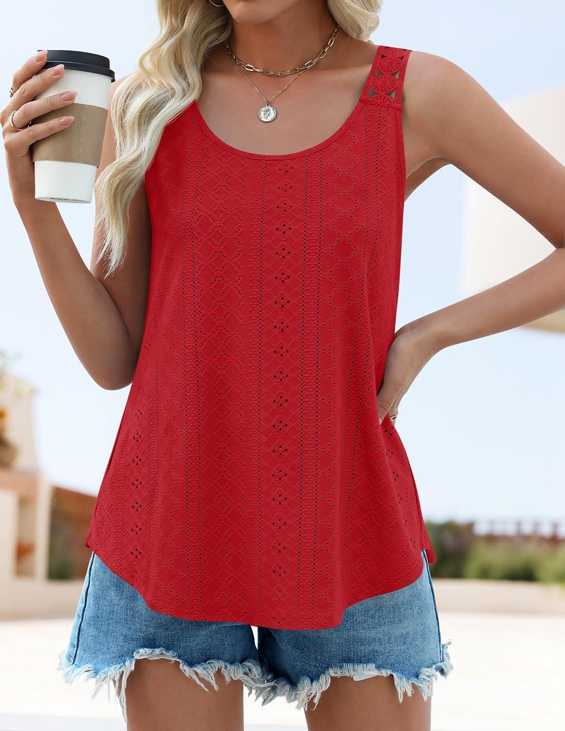imageZESICA Womens Summer Eyelet Tank Tops Loose Trendy Scoop Neck Sleeveless Flowy Beach Vacation ShirtsRed