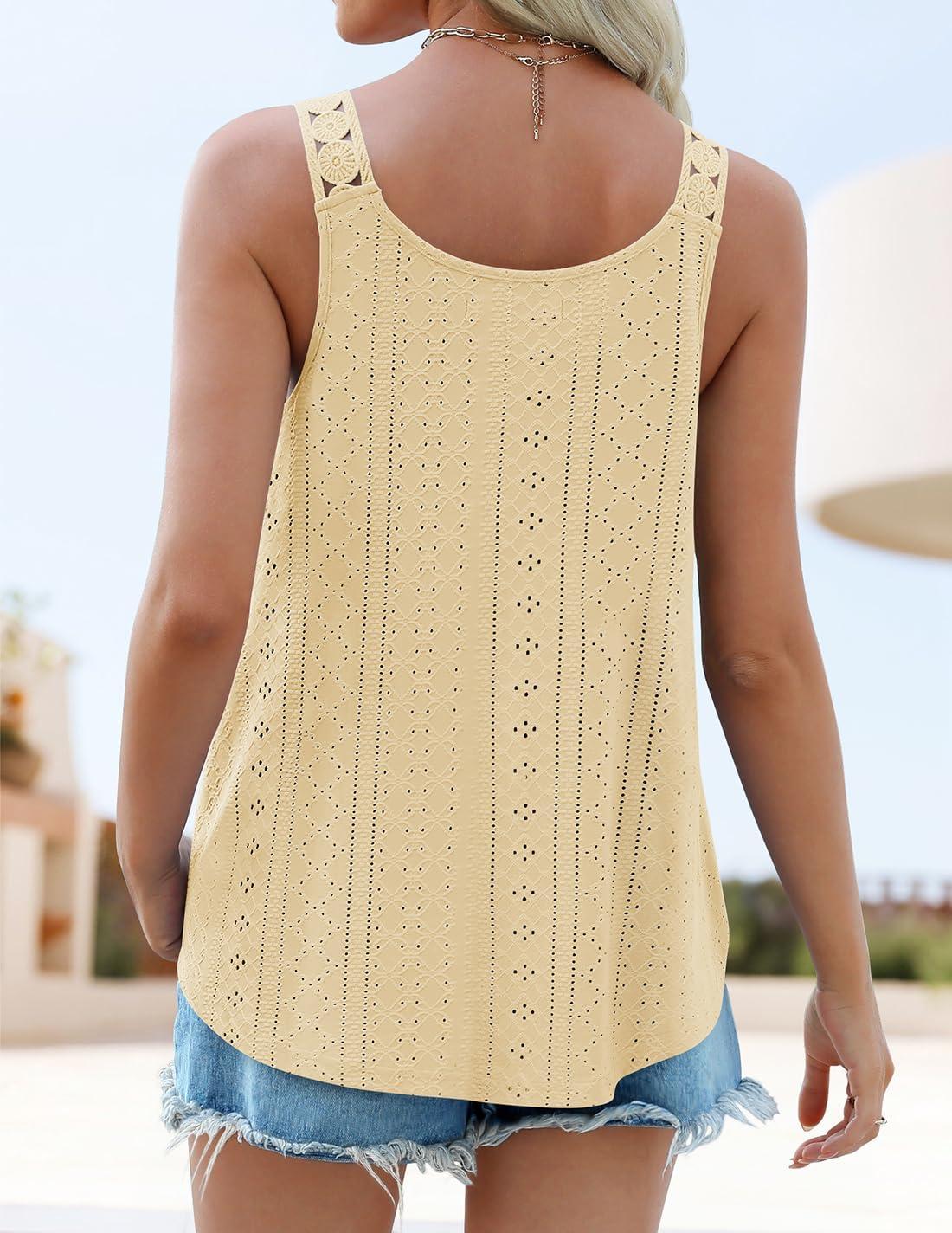imageZESICA Womens Summer Eyelet Tank Tops Loose Trendy Scoop Neck Sleeveless Flowy Beach Vacation ShirtsYellow