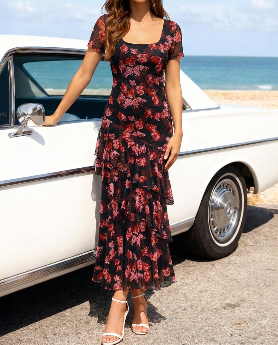 imageZESICA Womens Summer Floral Bodycon Maxi Dress 2026 Square Neck Mesh Ruffle Elegant Cocktail Wedding Party Long DressesBlack