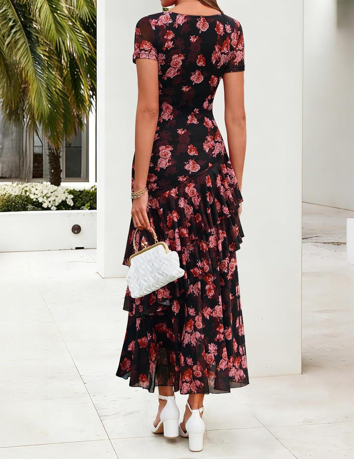imageZESICA Womens Summer Floral Bodycon Maxi Dress 2026 Square Neck Mesh Ruffle Elegant Cocktail Wedding Party Long DressesBlack