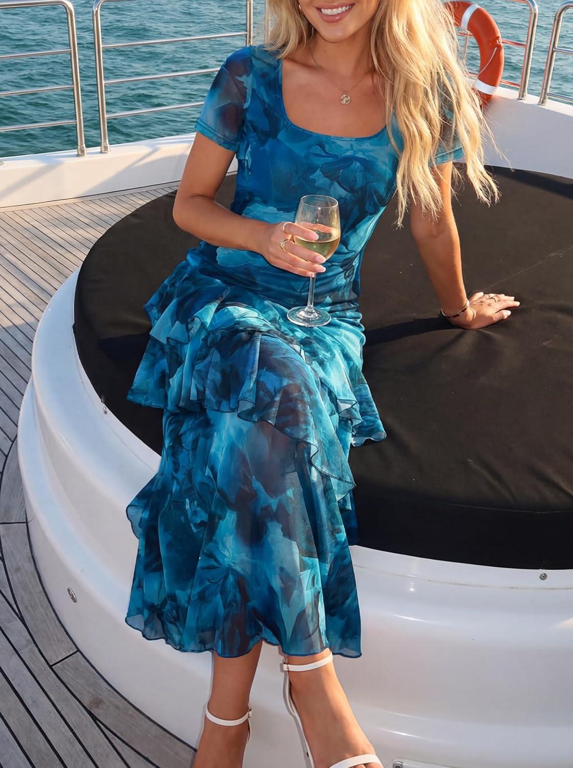 imageZESICA Womens Summer Floral Bodycon Maxi Dress 2026 Square Neck Mesh Ruffle Elegant Cocktail Wedding Party Long DressesBlue