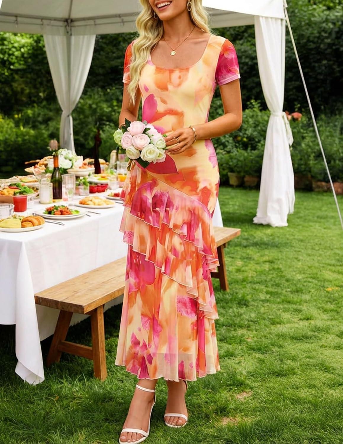 imageZESICA Womens Summer Floral Bodycon Maxi Dress 2026 Square Neck Mesh Ruffle Elegant Cocktail Wedding Party Long DressesOrange