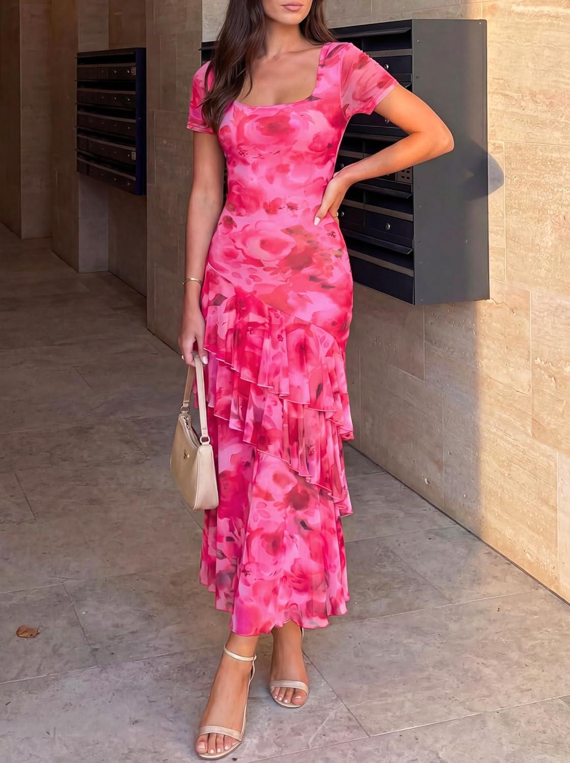 imageZESICA Womens Summer Floral Bodycon Maxi Dress 2026 Square Neck Mesh Ruffle Elegant Cocktail Wedding Party Long DressesRose