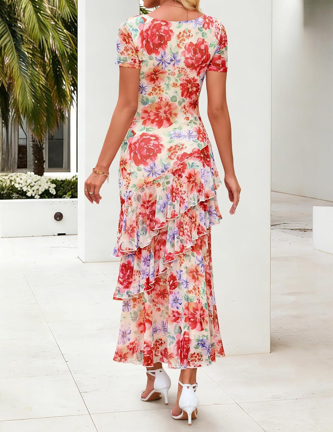 imageZESICA Womens Summer Floral Bodycon Maxi Dress 2026 Square Neck Mesh Ruffle Elegant Cocktail Wedding Party Long DressesVintage Pink