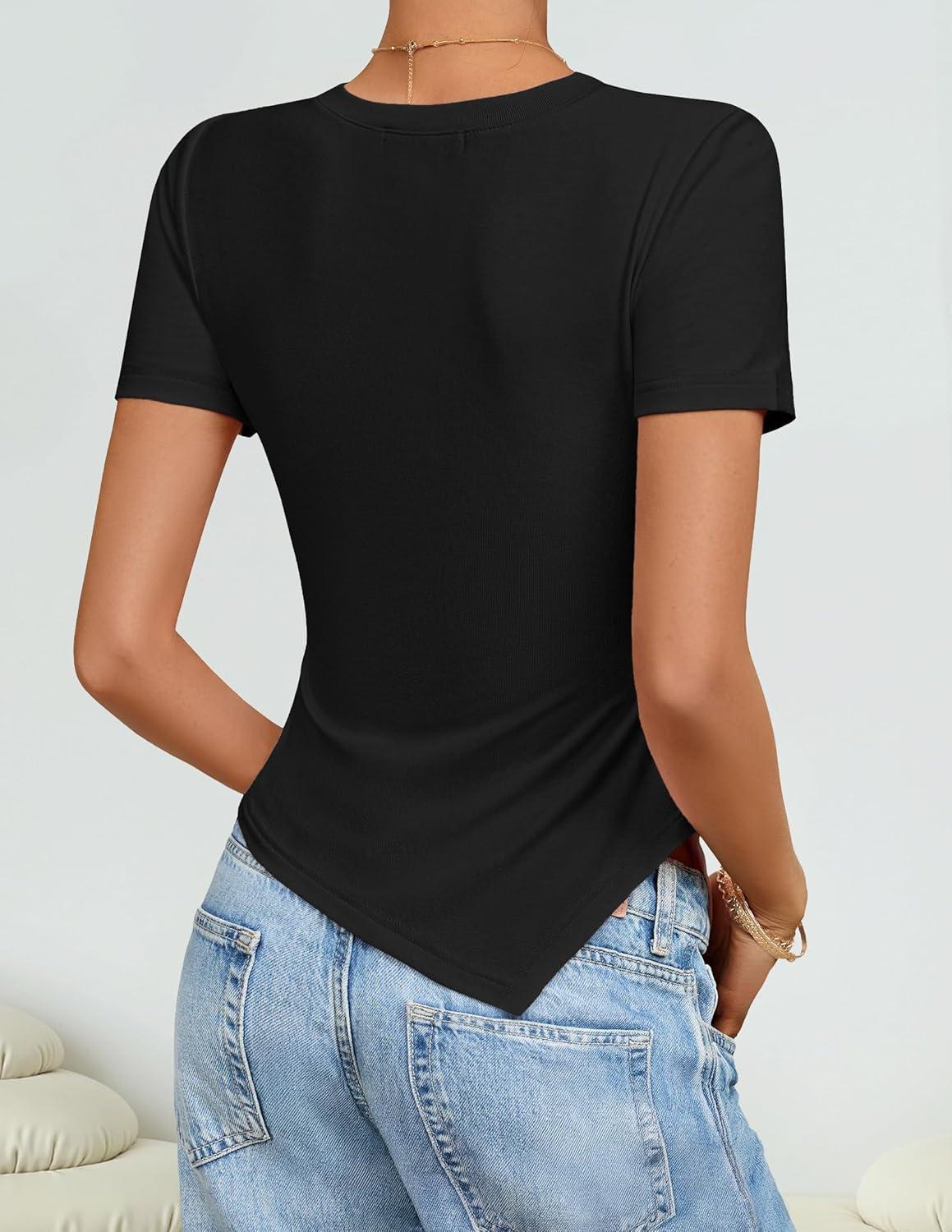 imageZESICA Womens Summer Going Out Ruched Tops 2026 Dressy Casual Short Sleeve Ribbed Asymmetrical ShirtsBlack