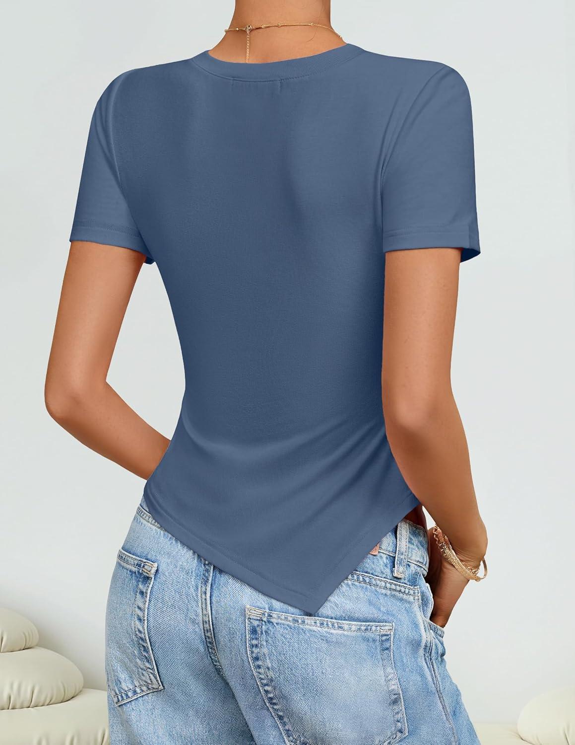 imageZESICA Womens Summer Going Out Ruched Tops 2026 Dressy Casual Short Sleeve Ribbed Asymmetrical ShirtsGray Blue