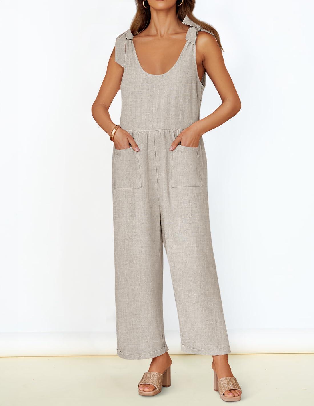 imageZESICA Womens Summer Loose Sleeveless Jumpsuits Linen Adjustable Straps Oversized Wide Leg Long Overall Rompers with PocketsApricot