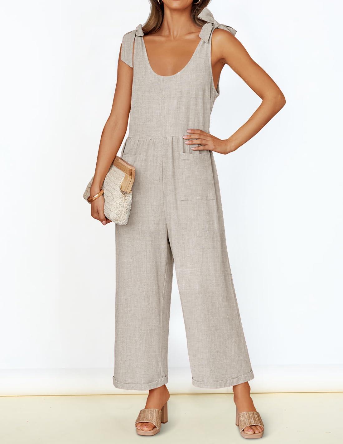 imageZESICA Womens Summer Loose Sleeveless Jumpsuits Linen Adjustable Straps Oversized Wide Leg Long Overall Rompers with PocketsApricot