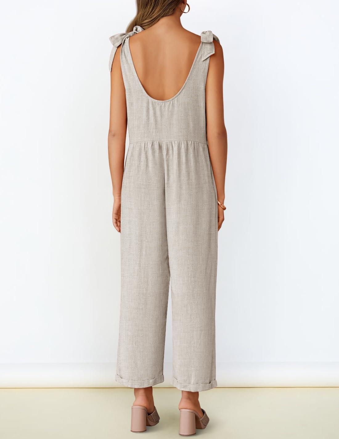 imageZESICA Womens Summer Loose Sleeveless Jumpsuits Linen Adjustable Straps Oversized Wide Leg Long Overall Rompers with PocketsApricot