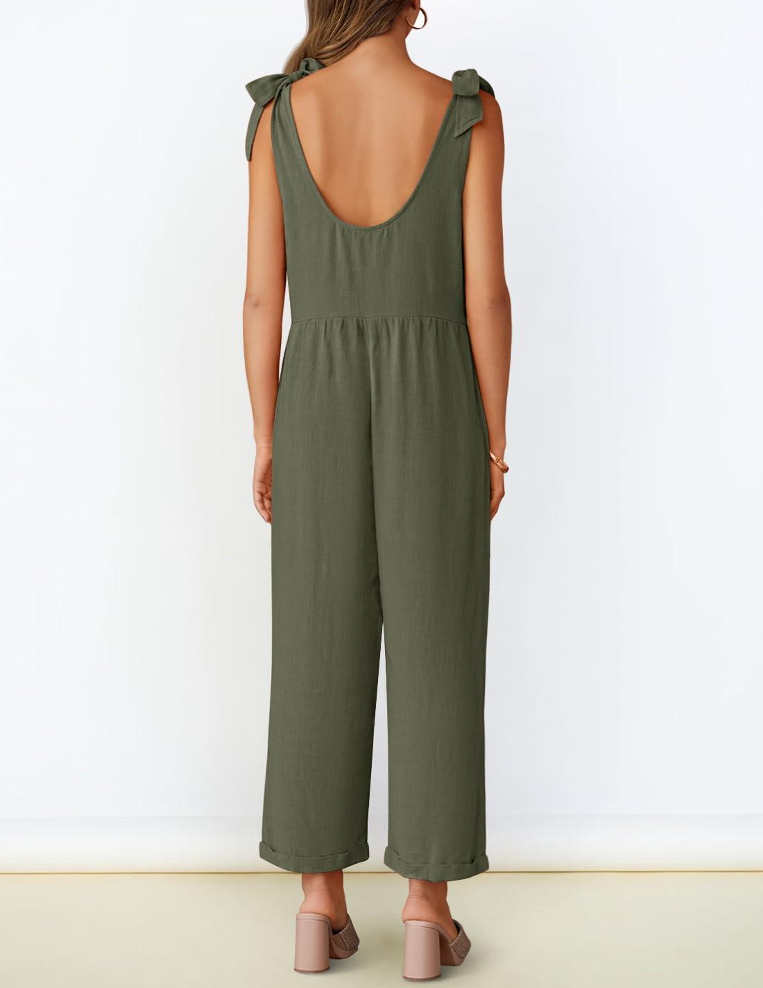 imageZESICA Womens Summer Loose Sleeveless Jumpsuits Linen Adjustable Straps Oversized Wide Leg Long Overall Rompers with PocketsArmy Green