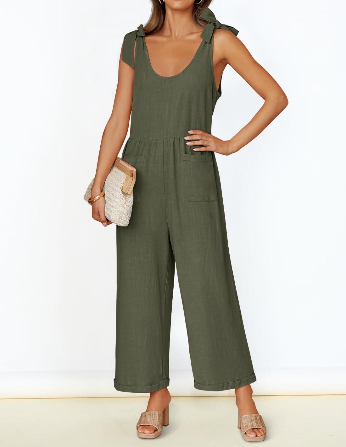 imageZESICA Womens Summer Loose Sleeveless Jumpsuits Linen Adjustable Straps Oversized Wide Leg Long Overall Rompers with PocketsArmy Green