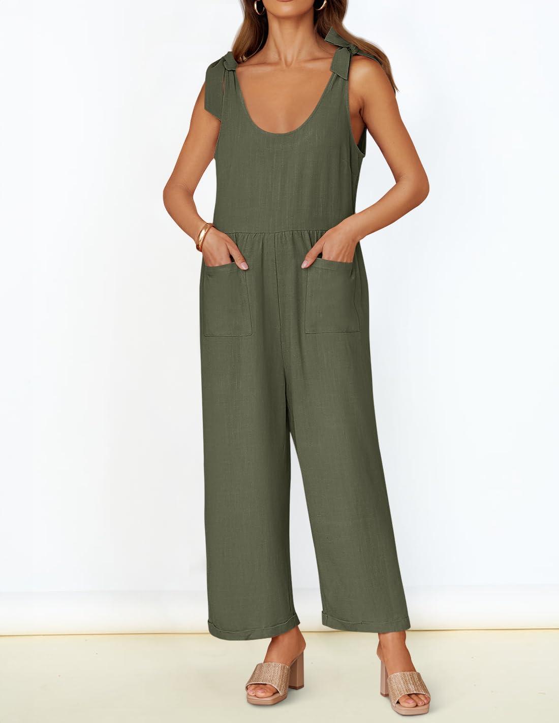 imageZESICA Womens Summer Loose Sleeveless Jumpsuits Linen Adjustable Straps Oversized Wide Leg Long Overall Rompers with PocketsArmy Green