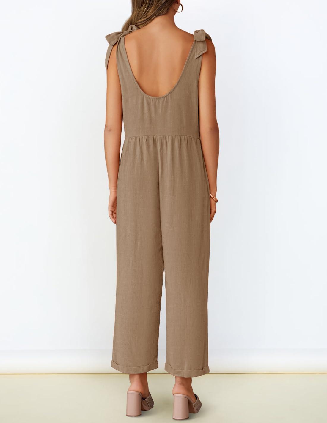 imageZESICA Womens Summer Loose Sleeveless Jumpsuits Linen Adjustable Straps Oversized Wide Leg Long Overall Rompers with PocketsKhaki