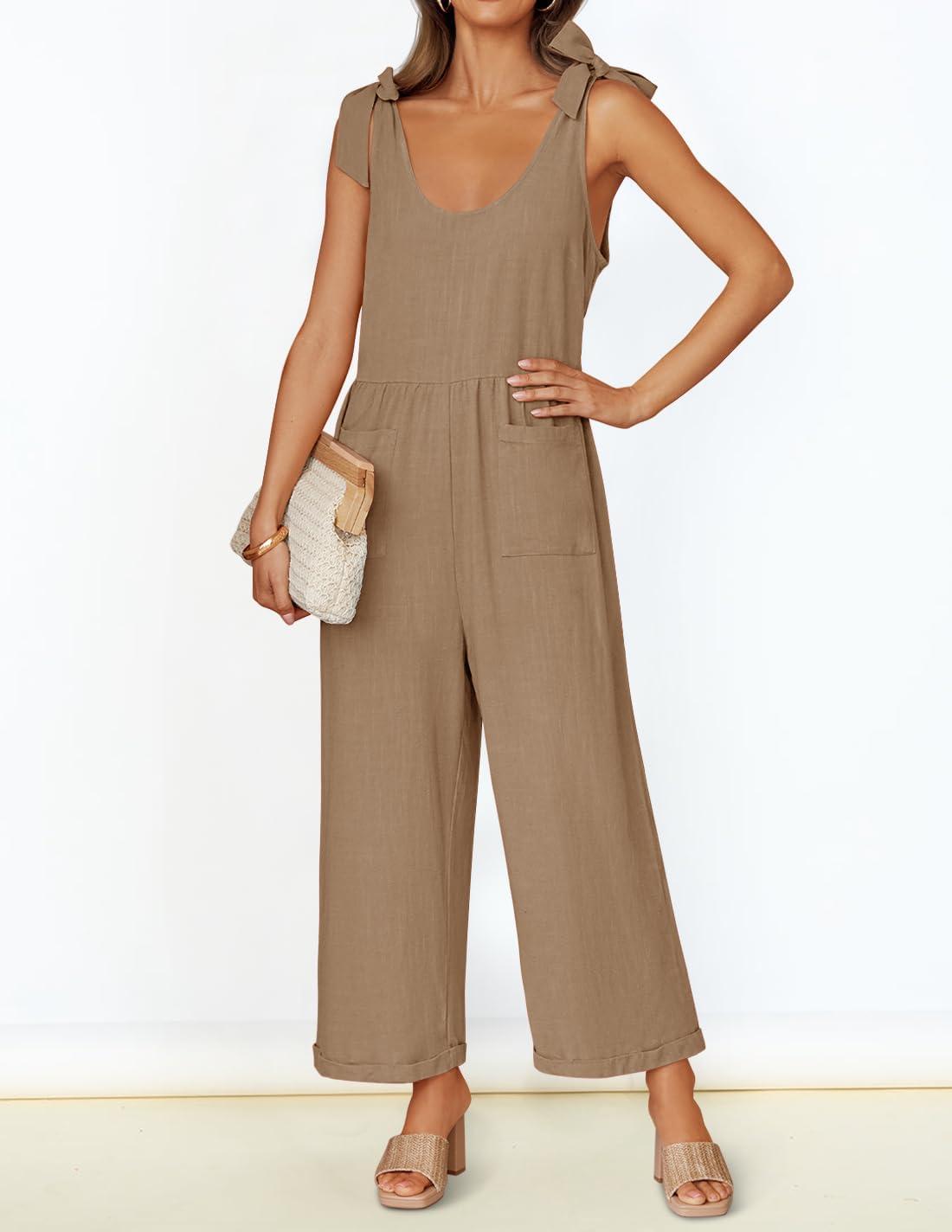imageZESICA Womens Summer Loose Sleeveless Jumpsuits Linen Adjustable Straps Oversized Wide Leg Long Overall Rompers with PocketsKhaki