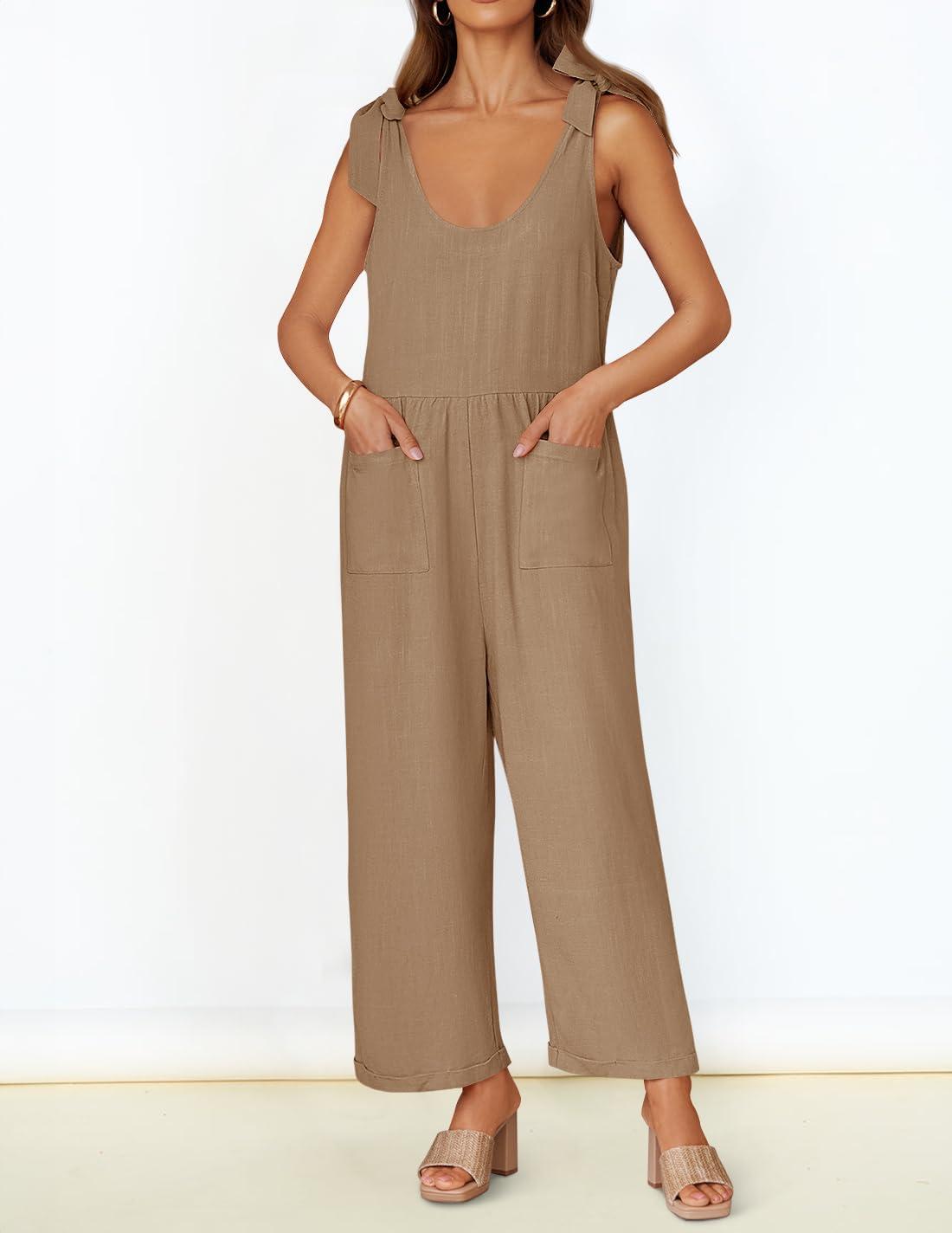 imageZESICA Womens Summer Loose Sleeveless Jumpsuits Linen Adjustable Straps Oversized Wide Leg Long Overall Rompers with PocketsKhaki