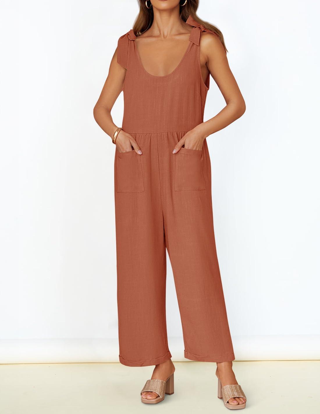 imageZESICA Womens Summer Loose Sleeveless Jumpsuits Linen Adjustable Straps Oversized Wide Leg Long Overall Rompers with PocketsRust