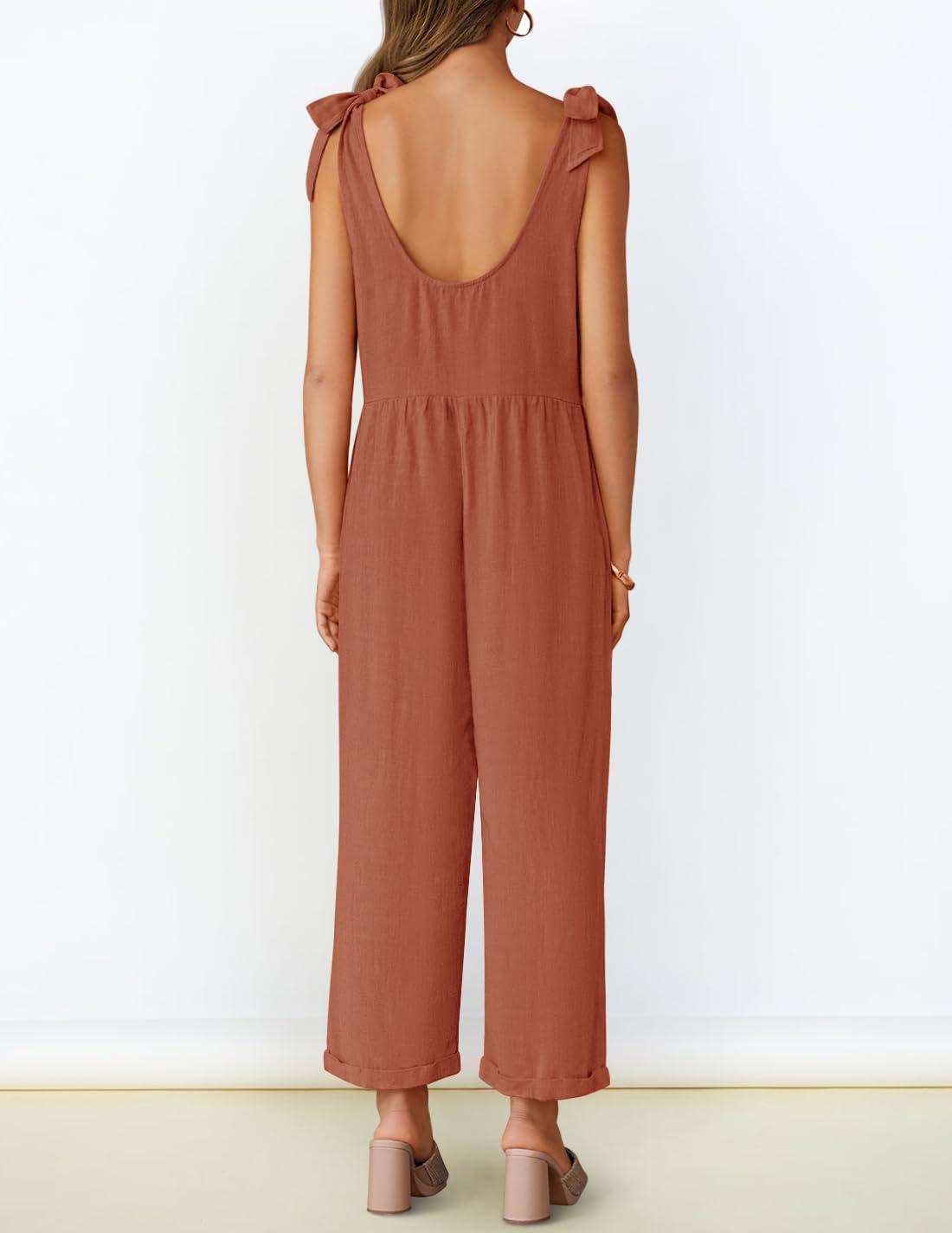 imageZESICA Womens Summer Loose Sleeveless Jumpsuits Linen Adjustable Straps Oversized Wide Leg Long Overall Rompers with PocketsRust