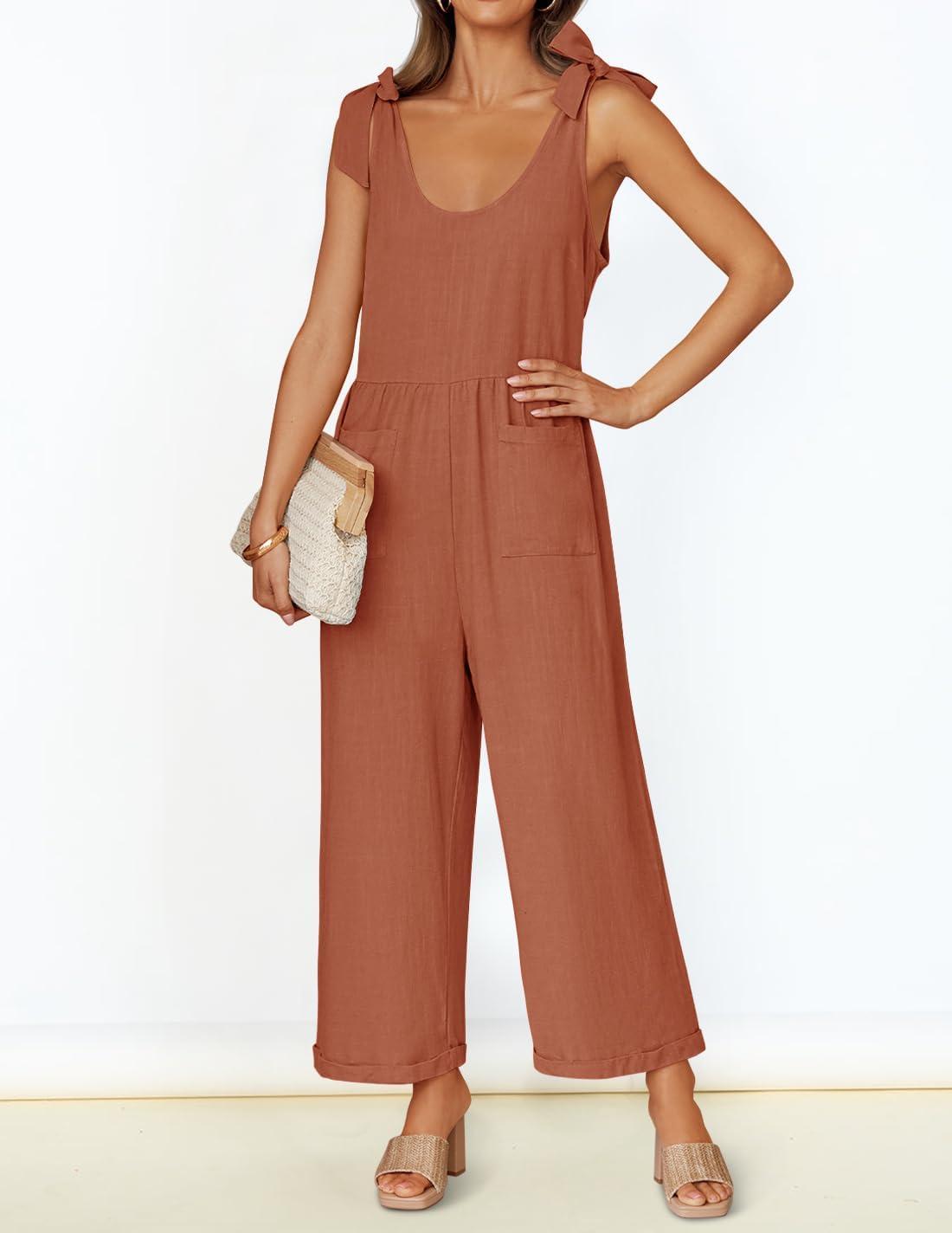 imageZESICA Womens Summer Loose Sleeveless Jumpsuits Linen Adjustable Straps Oversized Wide Leg Long Overall Rompers with PocketsRust
