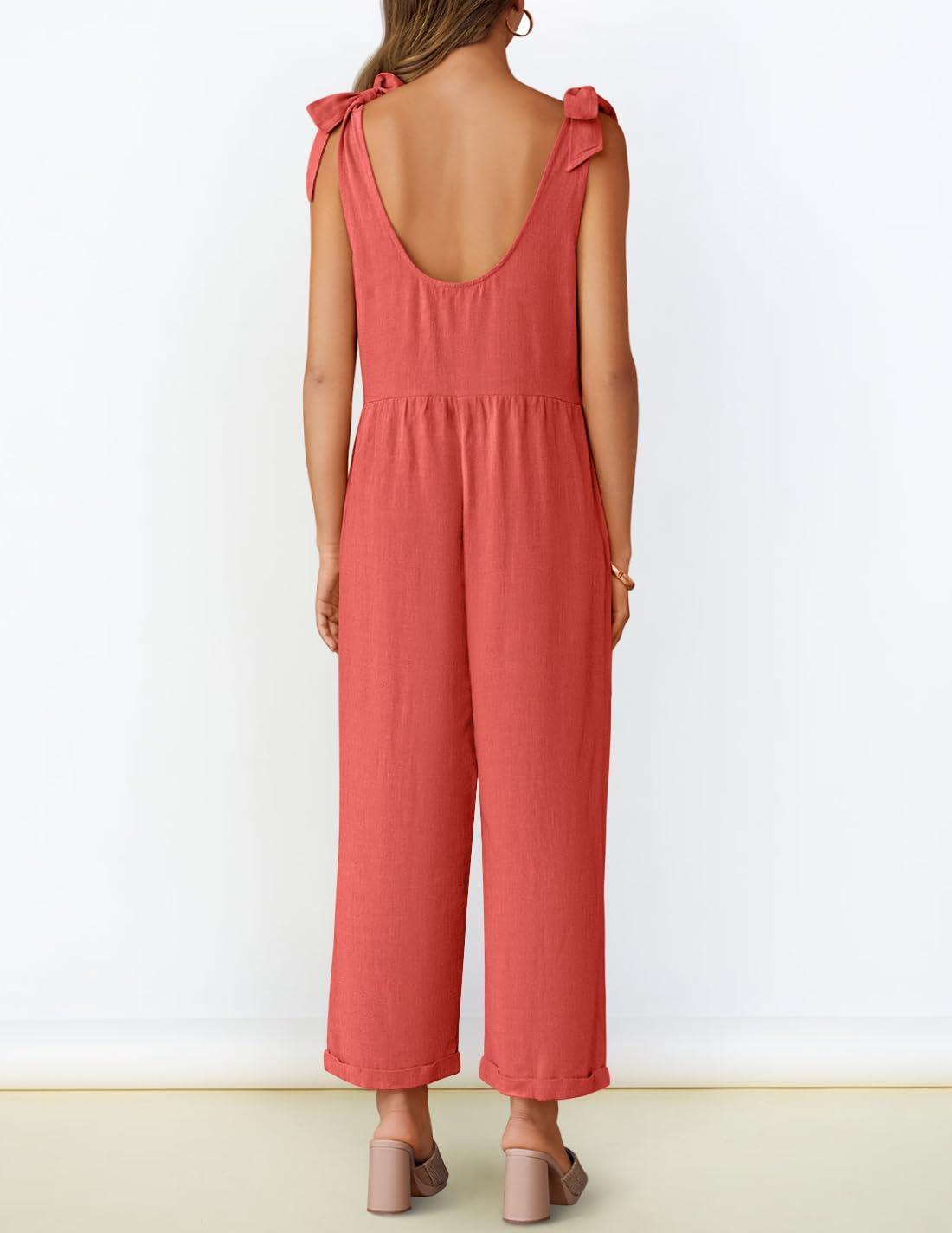 imageZESICA Womens Summer Loose Sleeveless Jumpsuits Linen Adjustable Straps Oversized Wide Leg Long Overall Rompers with PocketsWatermelon