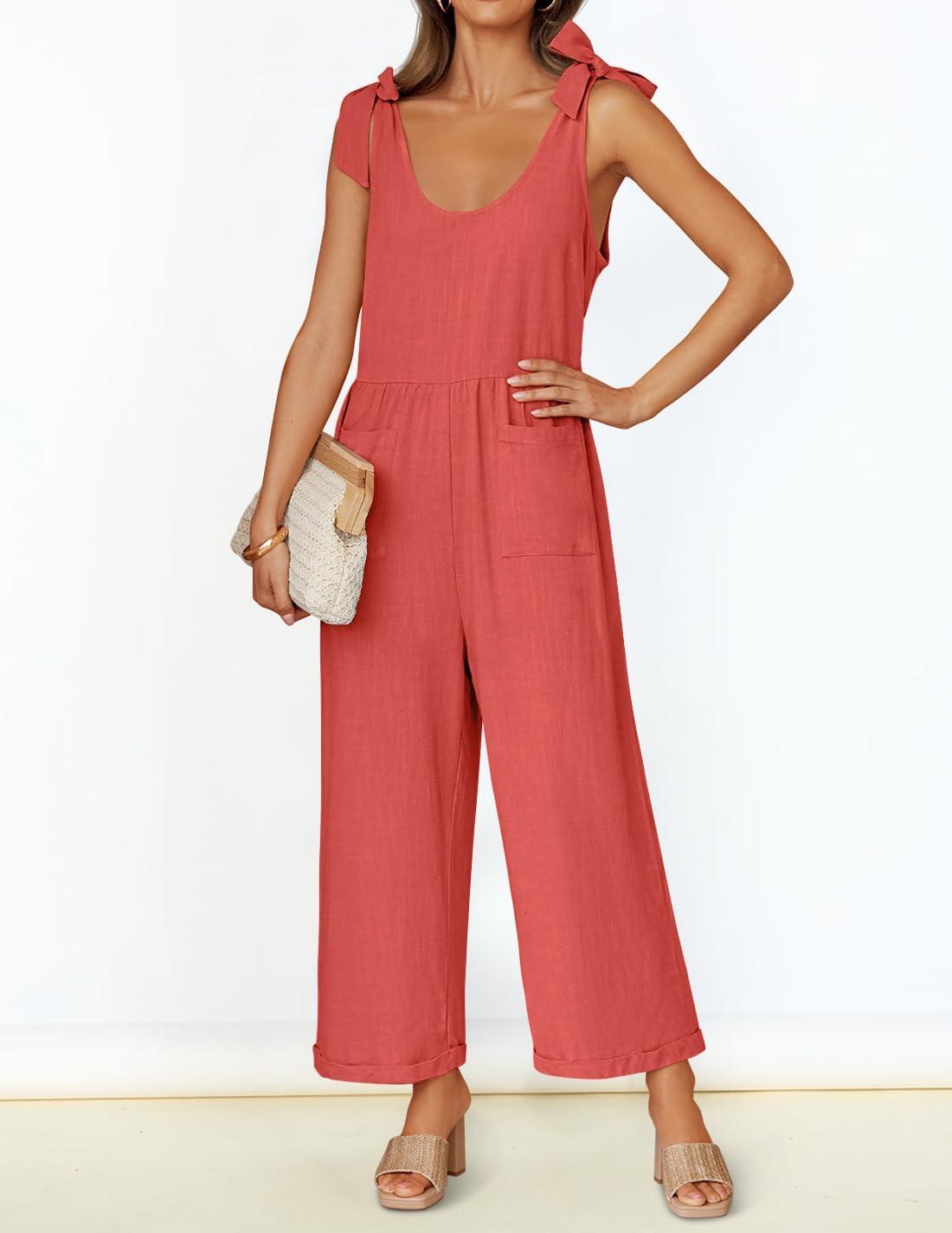 imageZESICA Womens Summer Loose Sleeveless Jumpsuits Linen Adjustable Straps Oversized Wide Leg Long Overall Rompers with PocketsWatermelon