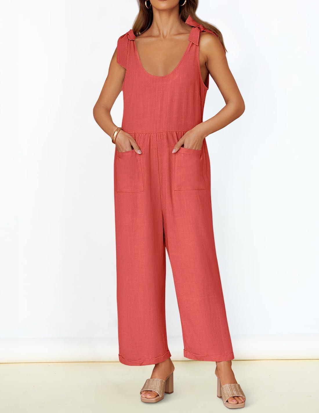 imageZESICA Womens Summer Loose Sleeveless Jumpsuits Linen Adjustable Straps Oversized Wide Leg Long Overall Rompers with PocketsWatermelon