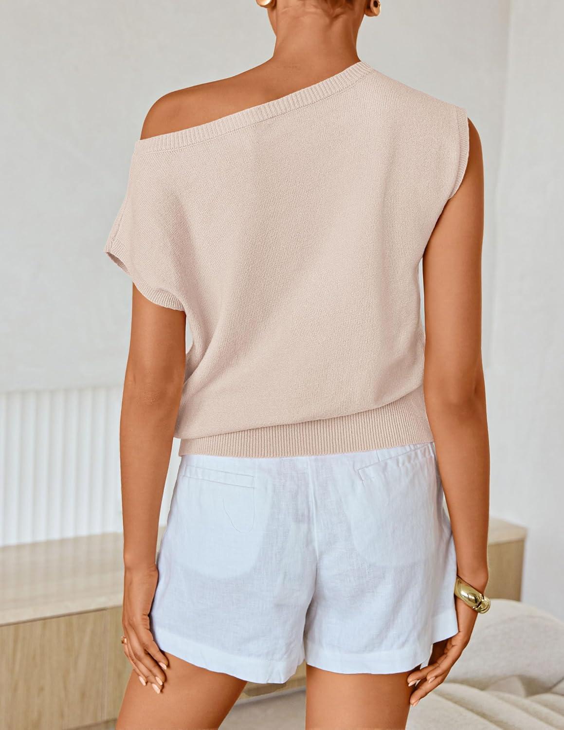 imageZESICA Womens Summer Off Shoulder Floral Sweaters 2026 Cap Sleeve Loose Knit Cute Pullover Tops Trendy ClothesAlmond